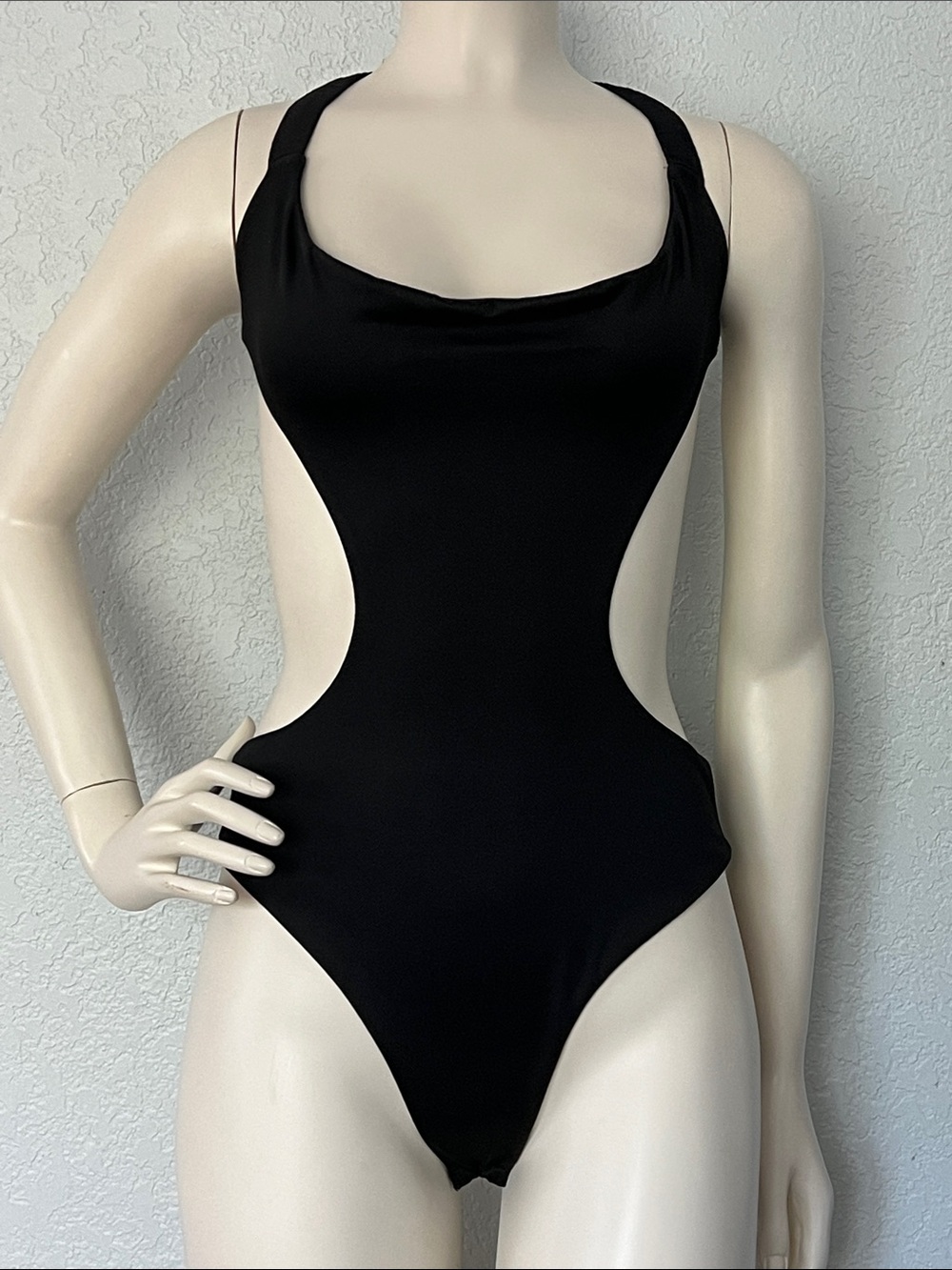 White Fox Bodysuit Black Cutout Backless Criss Cross Sexy Cheeky Womens Sz Med